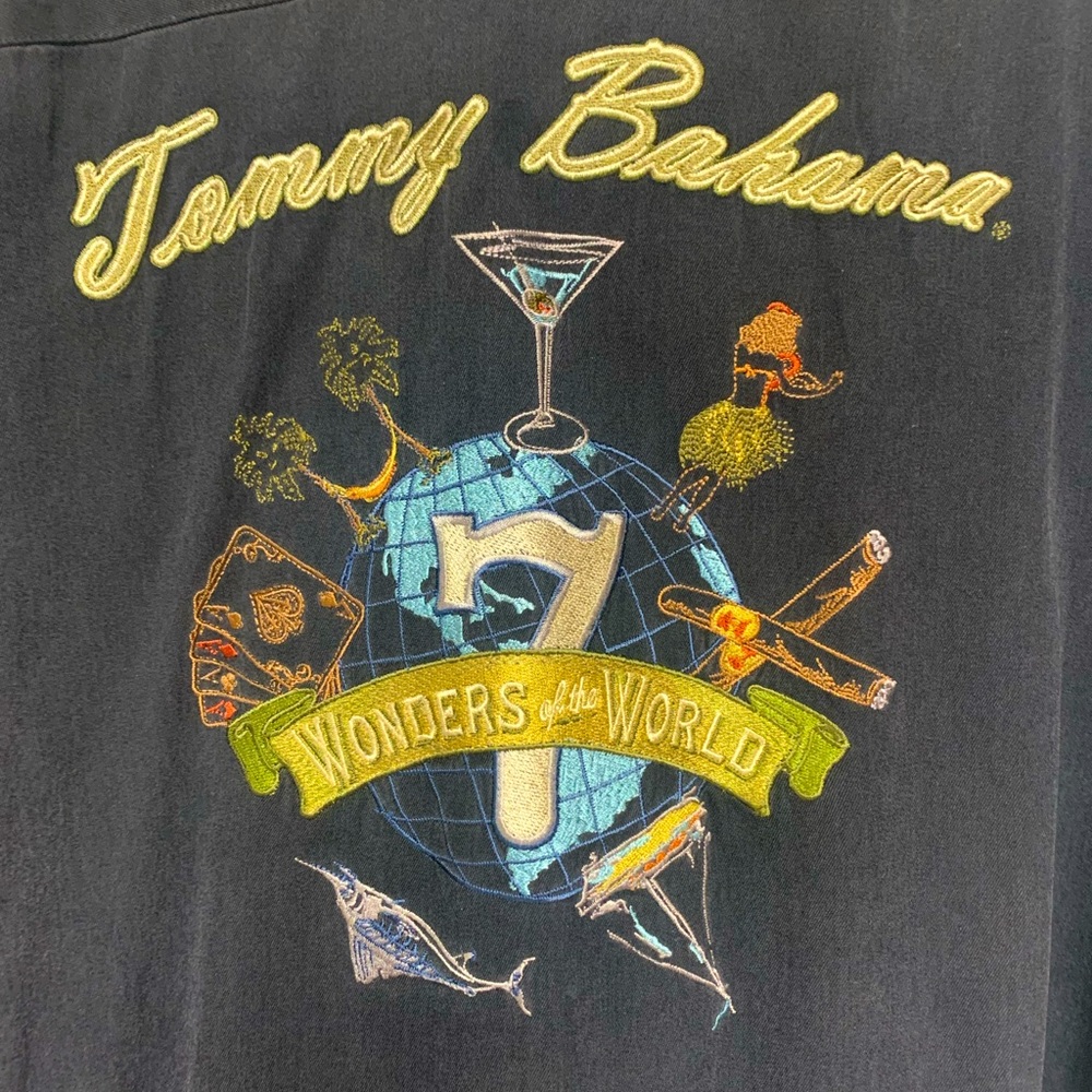 Tommy Bahama Black Silk Embroidered 7 Wonders of the World Shirt Size XXL